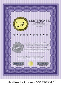 Violet Certificate or diploma template. Perfect design. Vector illustration. Printer friendly. 