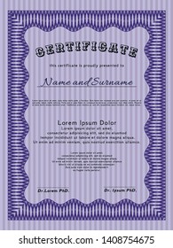 Violet Certificate or diploma template. With quality background. Vector illustration. Lovely design. 