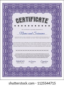 Violet Certificate or diploma template. Sophisticated design. With guilloche pattern. Detailed. 