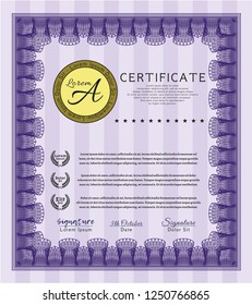 Violet Certificate or diploma template. Sophisticated design. Vector illustration. With quality background. 