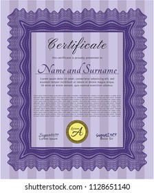 Violet Certificate or diploma template. Vector illustration. Printer friendly. Money Pattern design. 