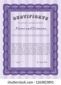 Violet Certificate or diploma template. Vector illustration. With complex linear background. Superior design. 