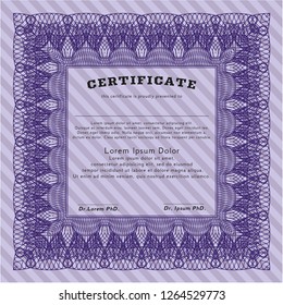 Violet Certificate or diploma template. Vector illustration. Complex background. Money design. 