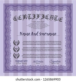 Violet Certificate or diploma template. Vector illustration. With great quality guilloche pattern. Elegant design. 