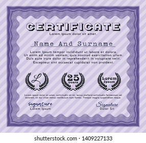 Violet Certificate or diploma template. Vector illustration. With complex background. Artistry design. 