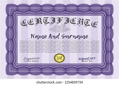 Violet Certificate. Easy to print. Artistry design. Vector illustration. 