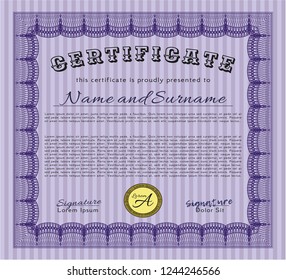 Violet Certificate. Excellent design. Vector illustration. With guilloche pattern and background. 