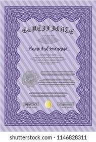 Violet Certificate. With guilloche pattern and background. Detailed. Money Pattern. 