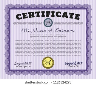 Violet Certificate. With guilloche pattern. Detailed. Money Pattern. 