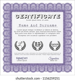 Violet Certificate. With linear background. Cordial design. Vector illustration. 