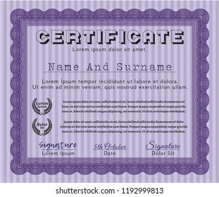 Violet Certificate. Money design. With guilloche pattern. Vector illustration. 