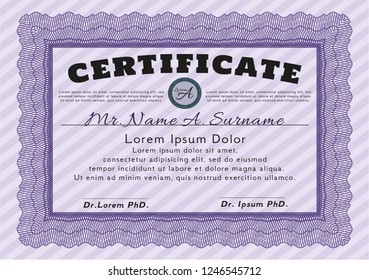 Violet Certificate. Money style design. Vector illustration. With great quality guilloche pattern. 