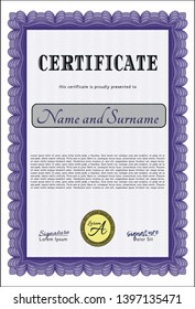 Violet Certificate. Money style design. Vector illustration. Printer friendly. 