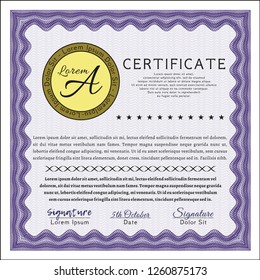 Violet Certificate. Printer friendly. Cordial design. Vector illustration. 
