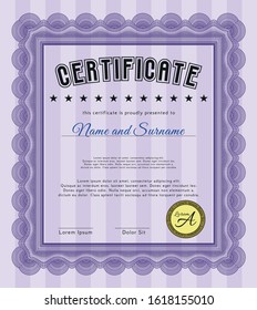 Violet Certificate template. With complex background. Artistry design. Detailed. 