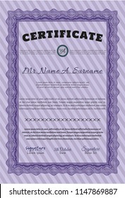 Violet Certificate template. With complex linear background. Detailed. Beauty design. 