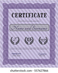 Violet Certificate template. Cordial design. Printer friendly. Vector illustration. 