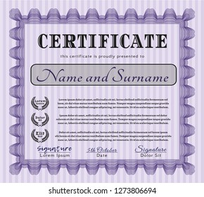 Violet Certificate template. Customizable, Easy to edit and change colors. With great quality guilloche pattern. Cordial design. 