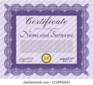 Violet Certificate template. Detailed. Complex background. Cordial design. 