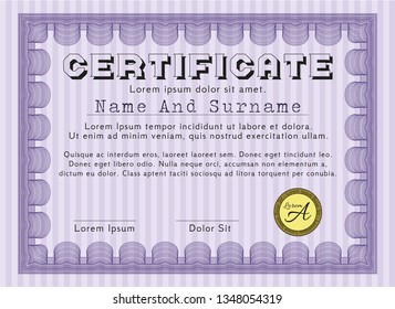 Violet Certificate template or diploma template. Beauty design. Vector illustration. With background. 