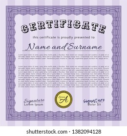 Violet Certificate template or diploma template. Beauty design. Detailed. With guilloche pattern and background. 