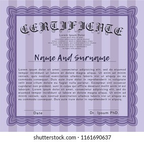 Violet Certificate template or diploma template. With complex linear background. Detailed. Modern design. 