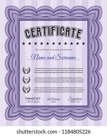 Violet Certificate template or diploma template. With complex background. Money Pattern. Detailed. 