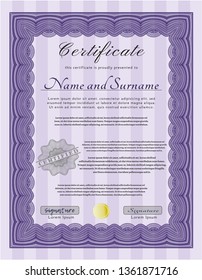 Violet Certificate template or diploma template. With complex linear background. Vector illustration. Money Pattern. 