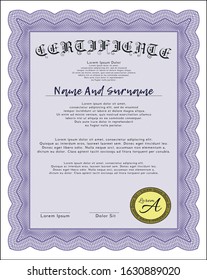 Violet Certificate template or diploma template. With complex background. Vector illustration. Money Pattern. 