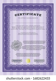 Violet Certificate template or diploma template. With complex linear background. Money design. Detailed. 
