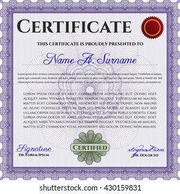 Violet Certificate template or diploma template. Complex background. Vector pattern that is used in currency and diplomas.Superior design. 