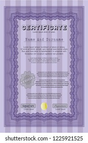 Violet Certificate template or diploma template. Cordial design. Detailed. Printer friendly. 