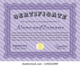 Violet Certificate template or diploma template. Customizable, Easy to edit and change colors. With background. Elegant design. 
