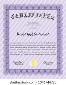 Violet Certificate template or diploma template. Customizable, Easy to edit and change colors. Complex background. Money style design. 