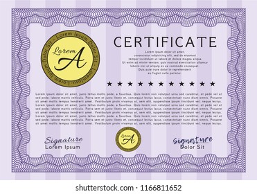 Violet Certificate template or diploma template. Detailed. With guilloche pattern. Money Pattern. 