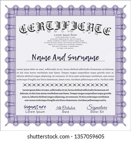 Violet Certificate template or diploma template. Detailed. With complex linear background. Retro design. 