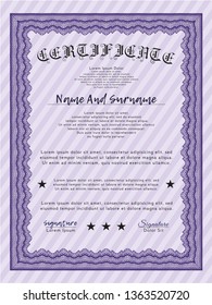 Violet Certificate template or diploma template. Detailed. With complex linear background. Cordial design. 