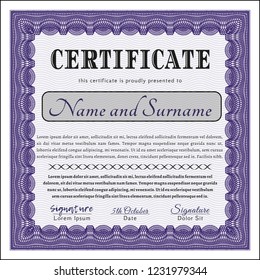 Violet Certificate template or diploma template. Elegant design. With guilloche pattern. Vector illustration. 