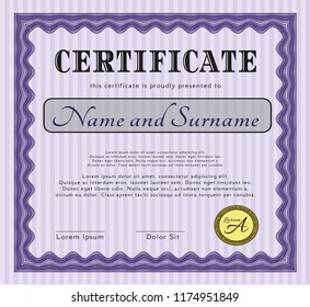 Violet Certificate template or diploma template. Good design. Vector illustration. With great quality guilloche pattern. 