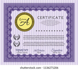 Violet Certificate template or diploma template. With great quality guilloche pattern. Nice design. Vector illustration. 