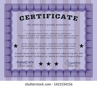 Violet Certificate template or diploma template. With guilloche pattern and background. Vector illustration. Beauty design. 