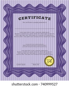 Violet Certificate template or diploma template. With guilloche pattern. Excellent design. Vector illustration. 