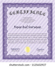 Violet Certificate template or diploma template. With linear background. Vector illustration. Beauty design. 