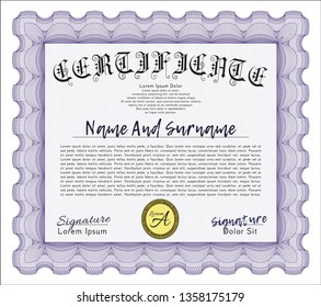 Violet Certificate template or diploma template. With linear background. Money design. Vector illustration. 