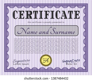 Violet Certificate template or diploma template. Modern design. Vector illustration. With great quality guilloche pattern. 