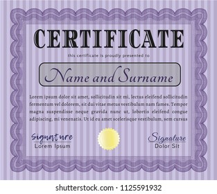 Violet Certificate template or diploma template. Money Pattern design. Printer friendly. Detailed. 