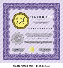 Violet Certificate template or diploma template. Money Pattern design. Vector illustration. With guilloche pattern. 