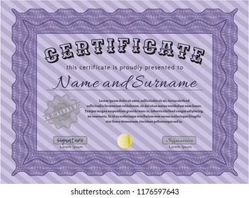 Violet Certificate template or diploma template. Nice design. With complex linear background. Detailed. 