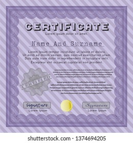Violet Certificate template or diploma template. Printer friendly. Customizable, Easy to edit and change colors. Money Pattern. 
