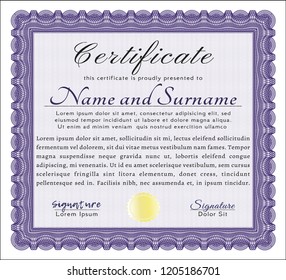 Violet Certificate template or diploma template. Sophisticated design. With complex linear background. Vector illustration. 